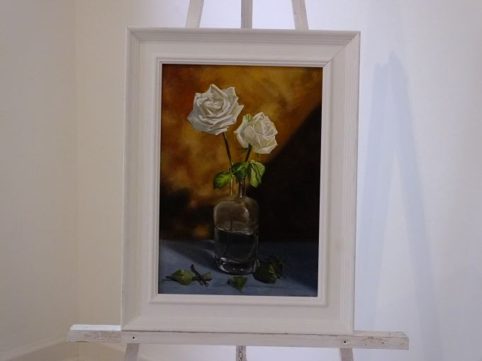 2 White Roses in Bottle